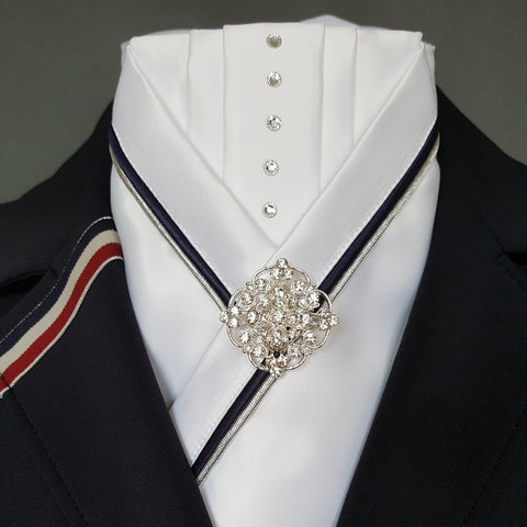 White Pleated Crossover Stock with Navy & Silver Piping