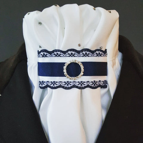 White Gathered Euro Stock with crystals and Navy & White Tab
