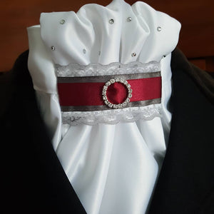 White Euro Stock with Grey Lace, Charcoal & Burgundy Tab and Hand Applied Crystals
