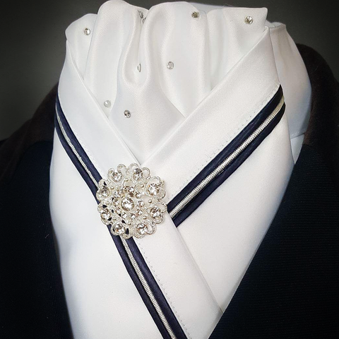 White Crossover Stock with Crystals and Navy & Silver Triple Piping